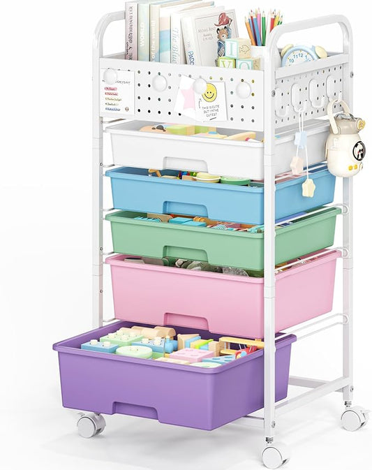5 Drawer Rolling Storage Cart with Pegboard Top and Hooks, Mobile Organizer Cart with Wheels for Office Supplies, Craft Storage, Classroom Organization, Home Utility Cart, Ice Cream