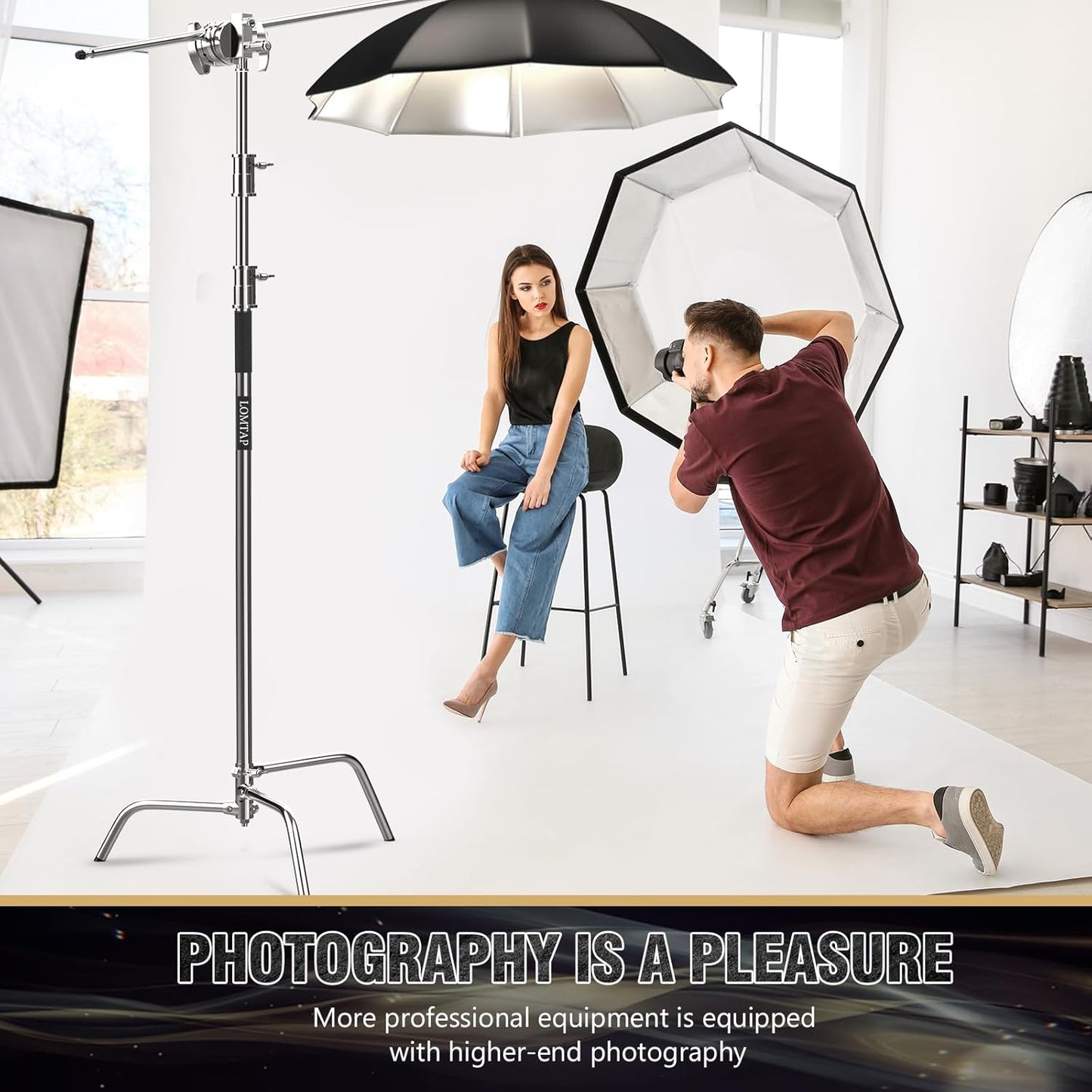 LOMTAP C Stand Light Stand Stainless Metal Photography Kit - Heavy Duty 10.8ft/330cm Vertical Pole, 4.2ft/128cm Boom Arm, Adjustable Base, Water Sandbag, 2 Grip Heads, 3 Clips for Softbox, Reflector