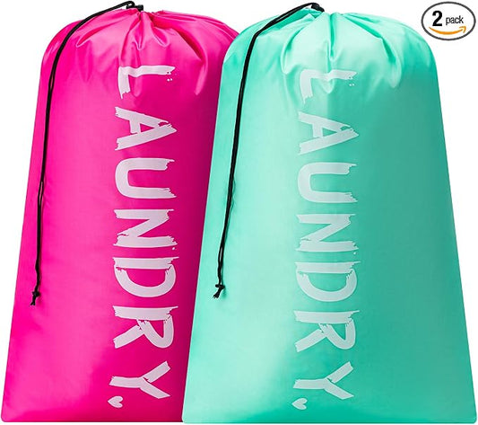 2 Pack XL Travel Laundry Bag, Machine Washable Dirty Clothes Organizer with Drawstring,Large Enough to Hold 4 Loads of Laundry, Easy Fit a Laundry Hamper or Basket Travel Essentials 24" x 36"