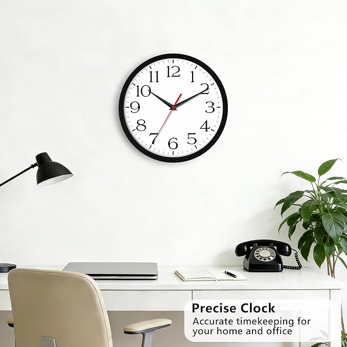 DAXSMY 12 Inch Wall Clock - Battery Operated, Silent Non-Ticking Analog Sweep Movement - Easy to Read Numbers for Home, Office, Kitchen, Classroom (Black)