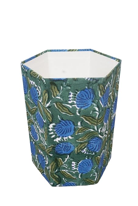 Generic 3.3 Gallon Cotton Hand Block Printed Paper Waste Basket |Small Decorative Trash Can for Housewarming Gifts in Living Room, Bedroom, Bathroom | Eco-Friendly, Plastic-Free (1, D. GREEN & BLUE)
