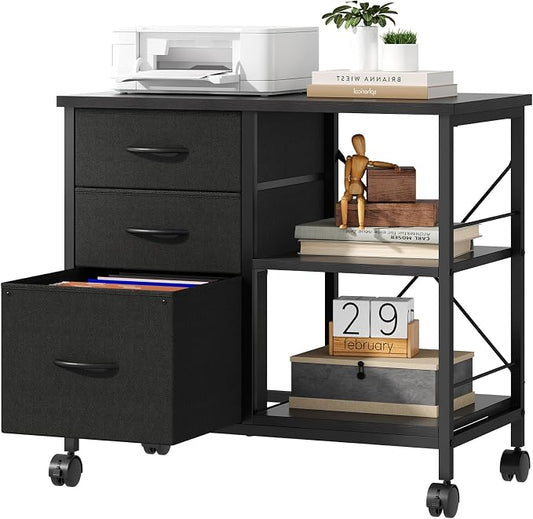 OLIXIS 3-Tier Printer Stand with Fabric Storage Drawer, Rolling Printer Cart with Lockable Wheels and Metal Frame, Under Desk Table with Open Storage Shelf for Small Spaces, Home, Office, Black