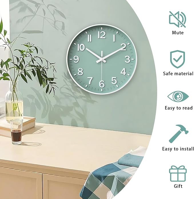 HZDHCLH Wall Clocks Battery Operated,Wall Clock Green,8 inch Wall Clock Silent Non Ticking Modern 3D Numbers for Kitchen Bedroom Living Room Office Classroom Decor