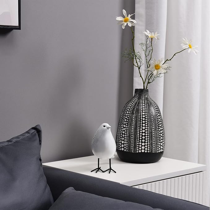 Quoowiit Bird Figurine, Modern Sculpture and Statues for Home Decor, Animal Statues for Bookshelf, Table, Entryway, Fireplace, Resin Decorative Sculpture with Chic Polka Dots Art Design (White)