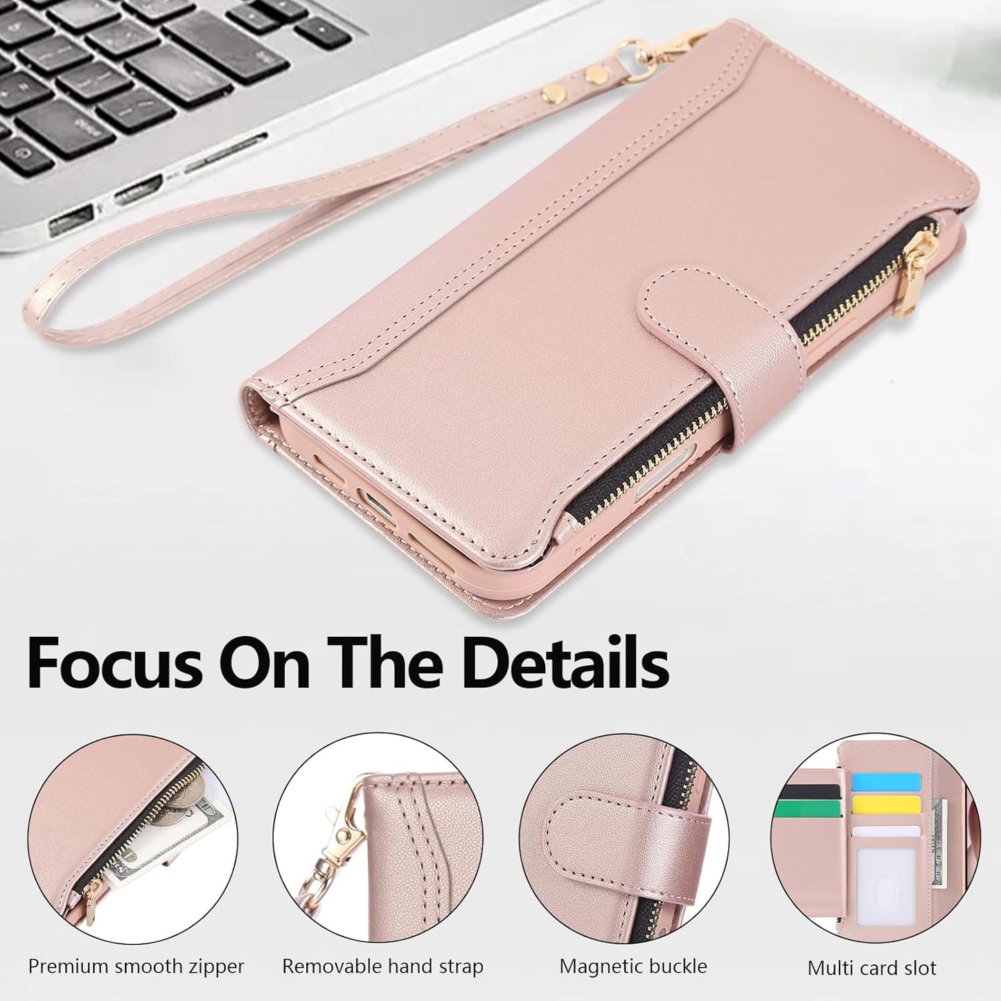 Compatible with iPhone 16 Pro Max Wallet Phone Case-PU Leather Magnetic Flip Cover with Credit Card Slots,Zipper Pocket & Detachable Wrist Strap,Shockproof Design,for Women and Men-Pink