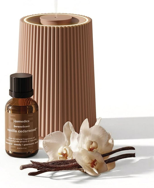 Homedics Waterless Essential Oil Diffuser with 15ml Vanilla Cedarwood Fragrance Oil. SereneScent Cordless Cold Air Scent Diffuser Starter Kit with Ambient Light, Studio 671 (Terracotta)