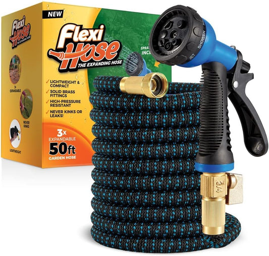 Flexi Hose with 8 Function Nozzle, 50FT - Lightweight Expandable Garden Hose, No-Kink Flexibility, 3/4 Inch Solid Brass Fittings and Double Latex Core