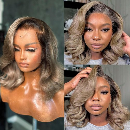 1b/Ash Blonde Lace Front Wig Human Hair Pre Plucked Hairline 180% Density Short Bob Human Hair Wigs For Women 13x4 Lace Front Wig Colored 1b Grey Human Hair Wigs (14inches)