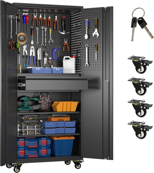 Metal Garage Cabinet with Wheels,71''H Rolling Lockable Steel Tool Cabinet with Pegboard & 1 Drawer for Garage,Home,Office Assembly Required,Black/Red
