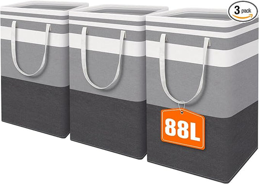 HomeHacks 3-Pack Large Laundry Basket, Waterproof, Freestanding Laundry Hamper, Collapsible Tall Clothes Hamper with Extended Handles for Clothes Toys in the Dorm and Family-(Gradient Grey, 88L)