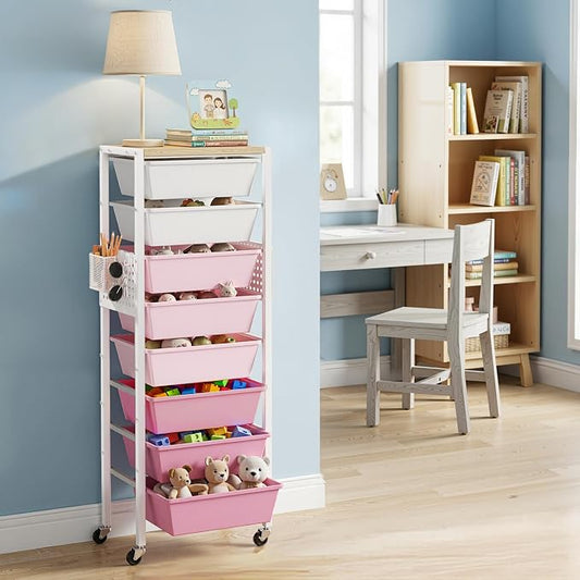 Rolling Cart with Drawers, Rolling Storage Cart with Large Plastic Drawers & Wooden Tabletop, Utility Cart with Pegboards & Basket, Storage Drawers Cart for Living Room, Classroom, Bedroom, Office