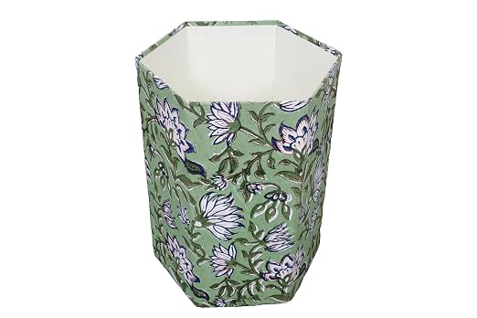 Generic 3.3 Gallon Cotton Hand Block Printed Paper Waste Basket |Small Decorative Trash Can for Housewarming Gifts in Living Room, Bedroom, Bathroom | Eco-Friendly, Plastic-Free (1, D BLUE GREEN)