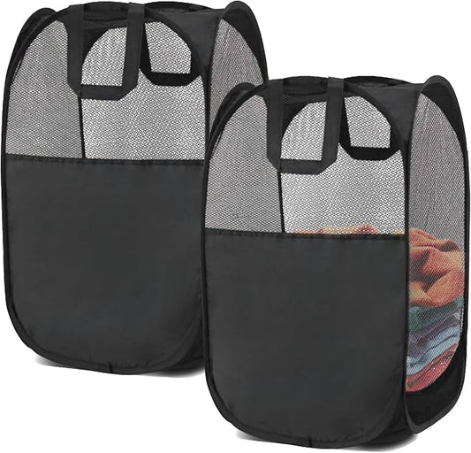 2 pop-up Laundry Hamper, Foldable mesh Laundry Baskets (Each with 2 Reinforced Handles), Black ……