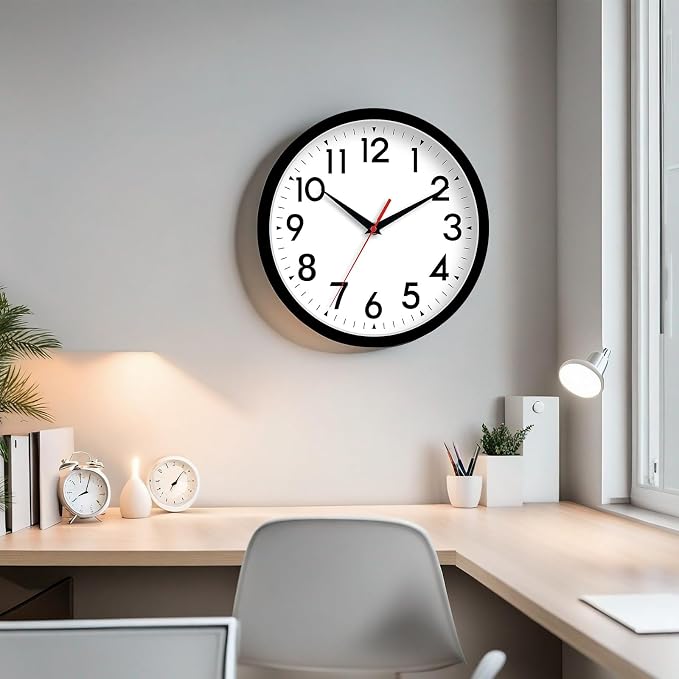 DAXSMY Wall Clock Analog 10 Inch Silent Non Ticking Battery Operated Modern Decorative for Living Room Kitchen Office Bedroom Bathroom(Black)