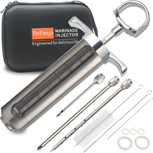 Meat Injector, Stainless Steel Marinade Injector Flavor Syringe Kit with 2-oz Measurement Window for Smoker Food BBQ Grill, Cooking Turkey Chicken Steak Beef Brisket Pork-Chops, 3 Meat Needles