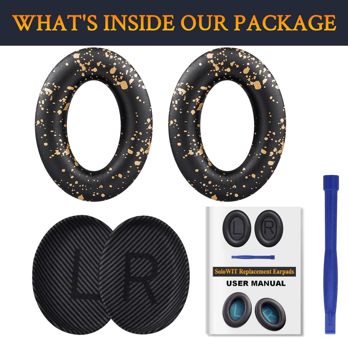 SoloWIT Replacement Earpads Cushions for Bose QuietComfort 35 (QC35) & Quiet Comfort 35 II (QC35 ii) Headphones, Ear Pads with Softer Leather, Noise Isolation Foam, Added Thickness (Black Gold)