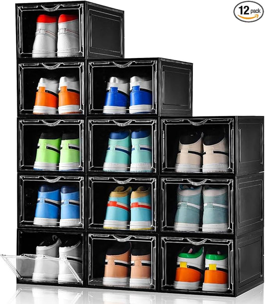 Clemate Upgraded X-Large Shoe Storage Box,12 Pack,Shoe Box Clear Plastic Stackable,Drop Front Shoe Box with Clear Door,Shoe Organizer Containers For Sneaker Display,Fit up to US Size12, Black