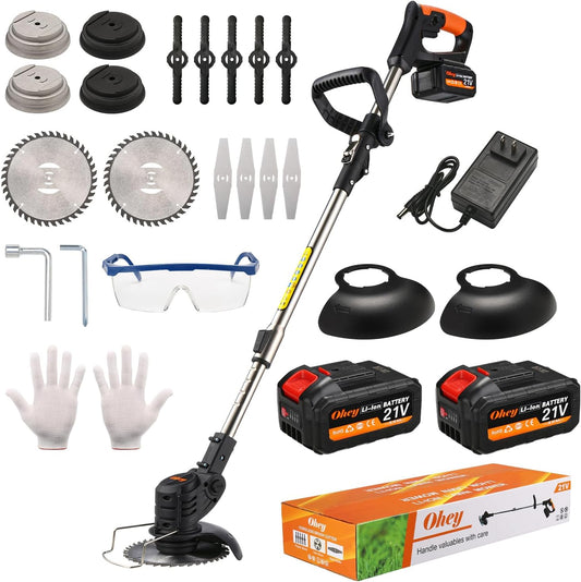 Cordless Weed Wacker, Ohey Electric Brush Cutter, Adjustable Pole Length Weed Eater, Foldable & Lightweight, 3 Blade Types, Battery-Powered Cordless Weed Eater for Lawn, Garden, Yard Work