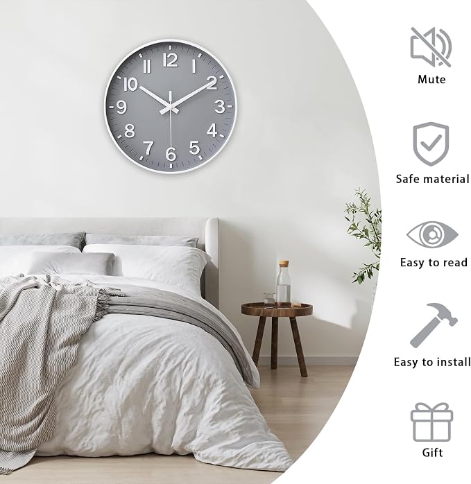 HZDHCLH Wall Clocks Battery Operated,Wall Clock Gray,8 inch Wall Clock Silent Non Ticking Modern 3D Numbers for Kitchen Bedroom Living Room Office Classroom Decor