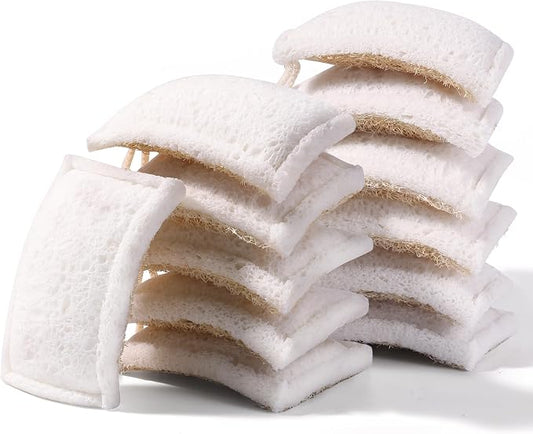 JOYMOOP Compressed Cellulose & Loofah Scrubbers, Non-Scratch Scrub Sponge, Kitchen Sponges for Dishes, 12-Pack, Dual-Sided Dish Sponge for Nonstick Cookware & All Surfaces