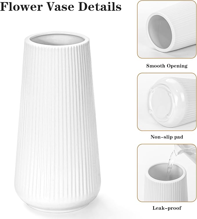White Ceramic Vase, GUKJOB Small Cute Flower Vase for Pampas Grass, Home, Living Room, Dining Table, Farmhouse, Office Decor, Bedroom, Table, and Kitchen Shelf (White- 2PCS)