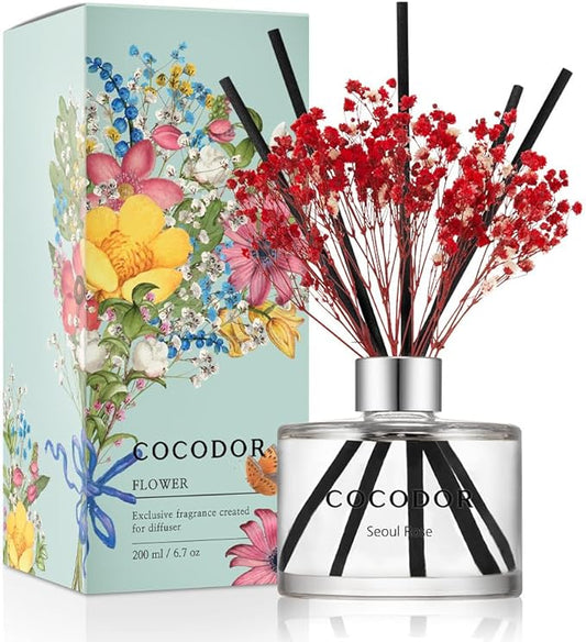 COCODOR Preserved Flower Reed Diffuser Set / 6.7oz / Seoul Rose/Scent Diffuser with Sticks Home Fragrance Reed Diffuser for Bathroom Shelf Décor