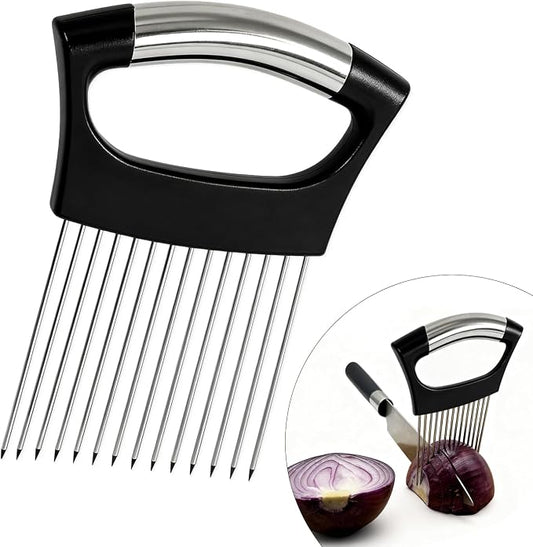 Onion Holder for Slicing, Onion Cutter Vegetable Chopper, Food Slicer Assistant Tool for Fruit Lemon and Meat,Stainless Steel Tomato Slicer Vegetable Cutter for Potato, Avocados, Eggs,