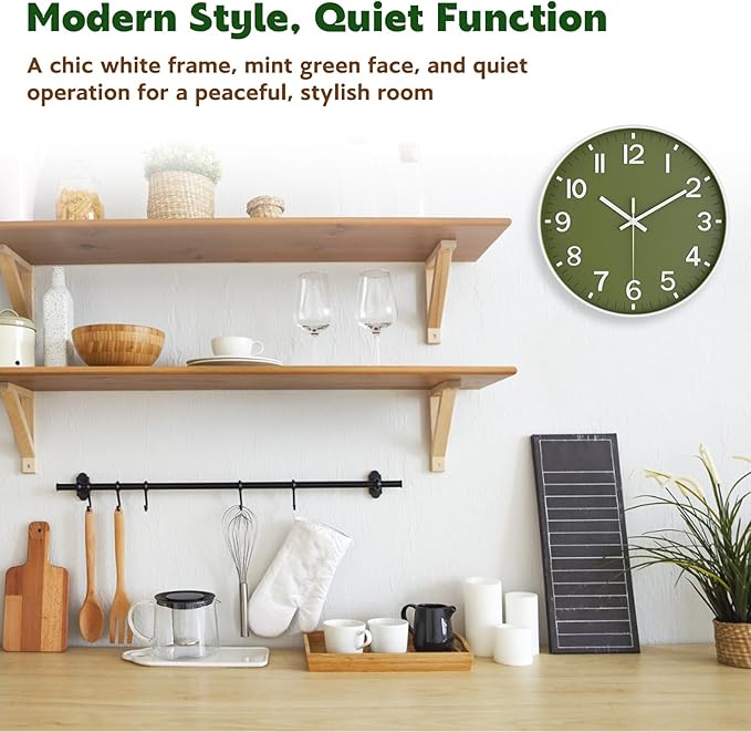 Silent Wall Clock Non-Ticking Battery Operated – Modern Olive Green Analog Wall Clock for Living Room, Kitchen, Office, Bedroom – Stylish Home Wall Decor Clock, 12 Inch