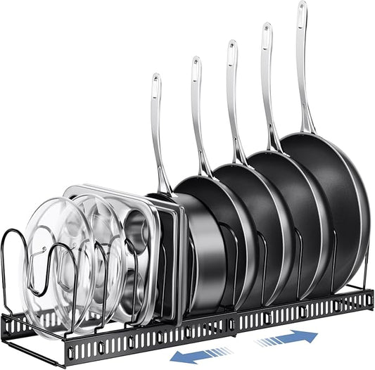 ORDORA Pots and Pans Organizer under Cabinet with Pot Lid Organizer, Expandable Rack for Pan and Pot Organizers Inside Cabinet, 12"-23" Adjustable with 10 Dividers for Kitchen Organization, Black