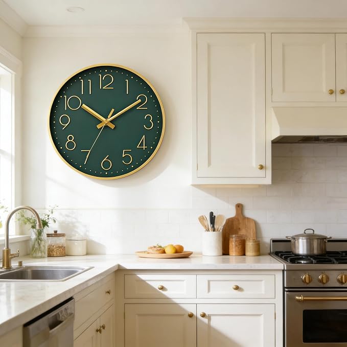 DAXSMY Wall Clock - 12 Inch Silent Non-Ticking Modern 3D Wall Clocks Battery Operated - Decorative Clock for Kitchen, Home Office, Bathroom, Bedroom, Living Room(Dark Green)