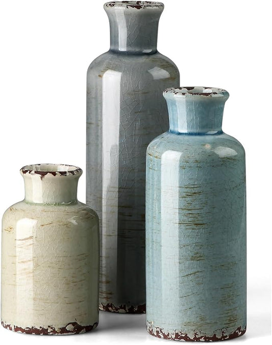 CwlwGO- Ceramic Vase Set of 3, Small Flower Vases for Home Decoration, Modern Farmhouse Decor, Living Room Kitchen Table Centerpieces, Shelf, Mantel, Fireplace and Entrance Decorations-Multicolor.