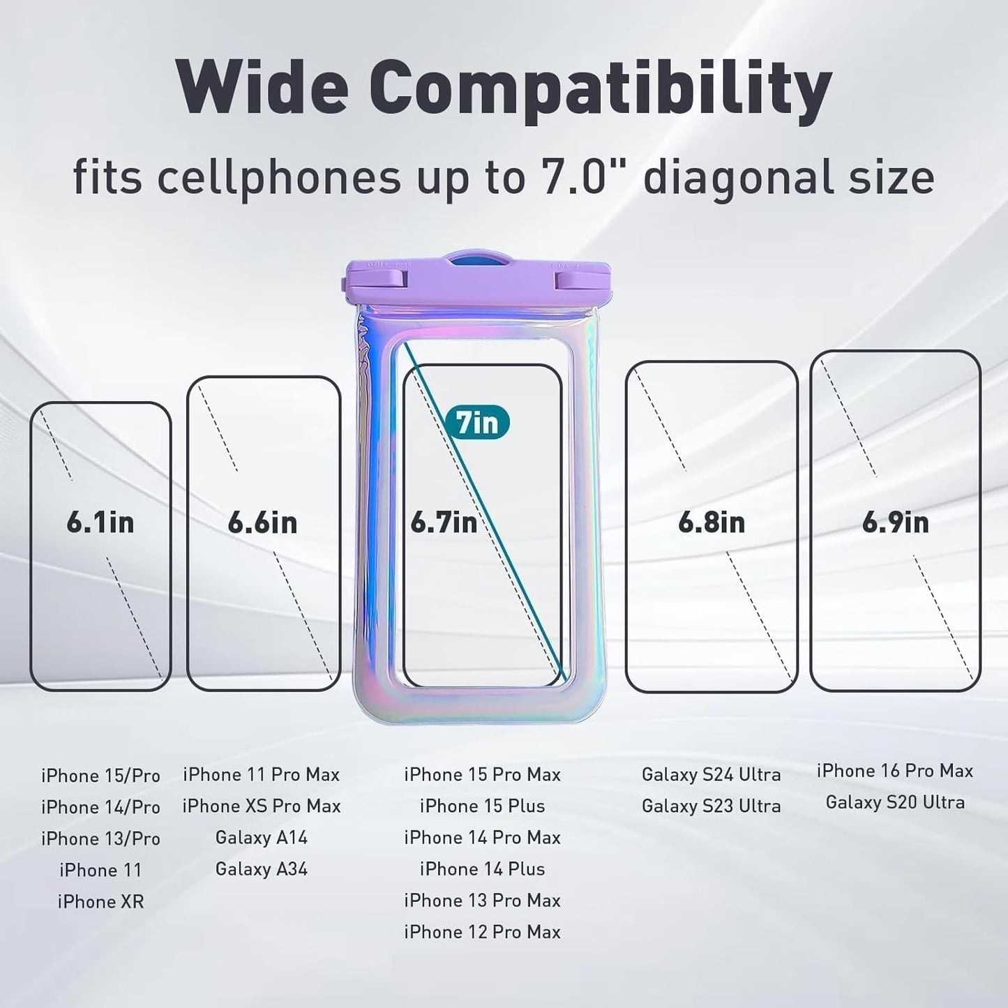 Floatable Waterproof Phone Pouch Case 2 Pax for iPhone 16 Pro Max/15/14/13/12, IP68 Travel Cellphone Dry Bag Beach Cruise Ship Essentials Bags with Crossbody Lanyard, Iridescent Purple and Blue-7″