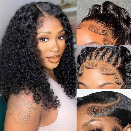 PREMAY Deep Wave 13x4 HD Lace Front Wigs Human Hair 200% Density Bob Wig Human Hair Pre Plucked Short Bob Wigs for Black Women Deep Curly HD Lace Frontal Wigs Natural Color 16 Inch