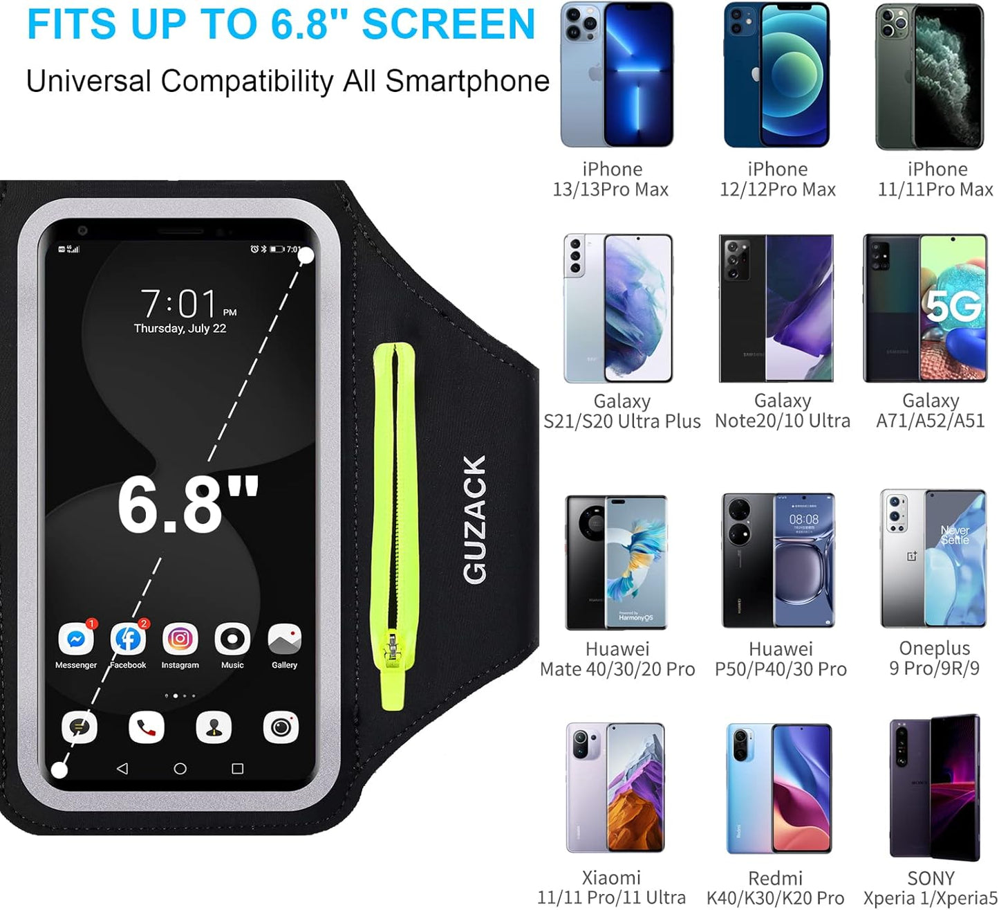 GUZACK Running Armband for iPhone 16 Pro 15 14 13 12 11 Pro Max/Plus/XR/XS, Galaxy S25/S24/S23/S22, with Card Slot & Key Pockets, Sports Arm Bands Cell Phone Holder Fit Up to 6.9 Inches Phone