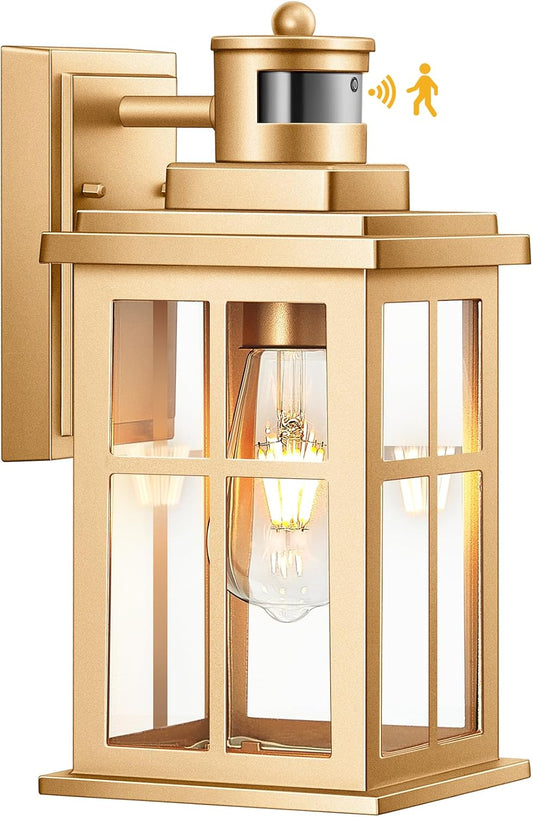 Motion Sensor Outside Lights for House, Modern Dusk to Dawn Outdoor Lighting, 2 Pack Gold Anti-Rust Outdoor Wall Lights with Transparent Glass, Waterproof Outdoor Porch Lights for House, Patio