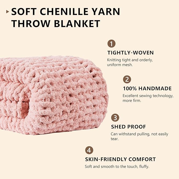 L'AGRATY Chunky Knit Blanket Throw: 72''x84'' Chenille Chunky Knitted Throw Blankets for Bed Couch - Handmade Thick Big Cable Knit Blanket - Large Crochet Rope Blankets for Home Decor(Pink)
