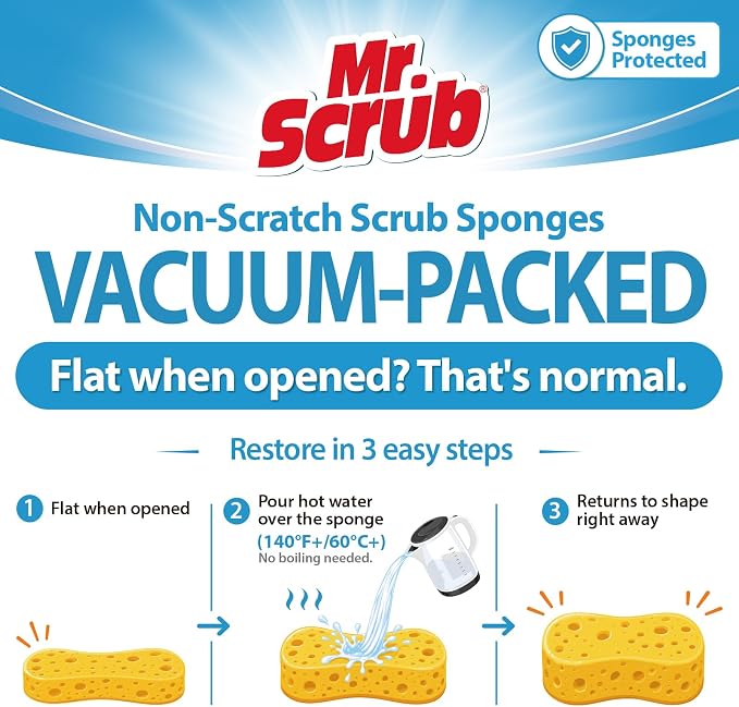 Mr. Scrub Sponges Kitchen Dish Sponge for Washing Dishes Cleaning Kitchen, 8 Pack, Non Scratch, Rough Scrubbers Side for Non-Stick Cookware, Soft Microfiber Scrub Side for Dishes, Multicolor