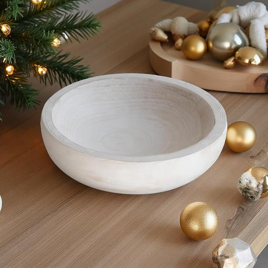 COLLECTIVE HOME - Paulownia Wood Hand Carved Tray, Fruit Snack Holder, Decorative Bowl, Rustic Home Decor Accessories for Coffee Table, Living Room, Wedding Centerpiece, 10" (washed white)