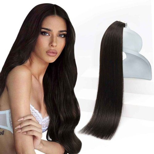 Sunny Hair Tape in Hair Extensions Real Human Hair Invisible Remy Hair Extensions Tape ins for Women Darkest Brown 24 inch 20Pcs 50G