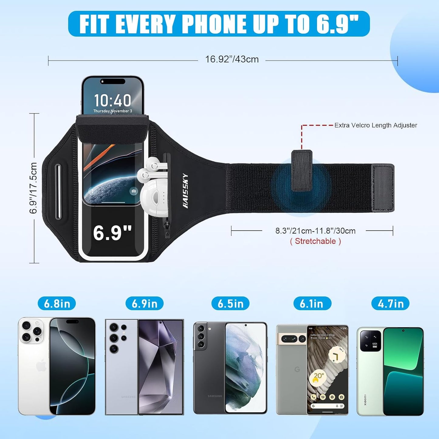 Running Phone Armband with Earphone Holder - 3D Design Cell Phone Armband for iPhone 15/14/13 Pro/Plus & Galaxy S20/S10, Water Resistant Sports Phone Holder with Key Slot for 6.9" Device"