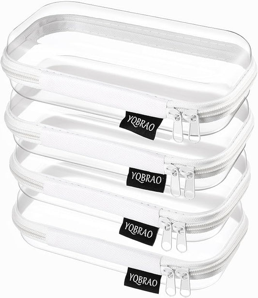 YQBRAO 4-Pack Clear Hard Shell Zipper Case, 1.2mm Ultra-Thick Diaper Bag Organizer Pouches, Rigid Self-Standing Travel Makeup Bags with YKK Zippers, TSA Approved, White