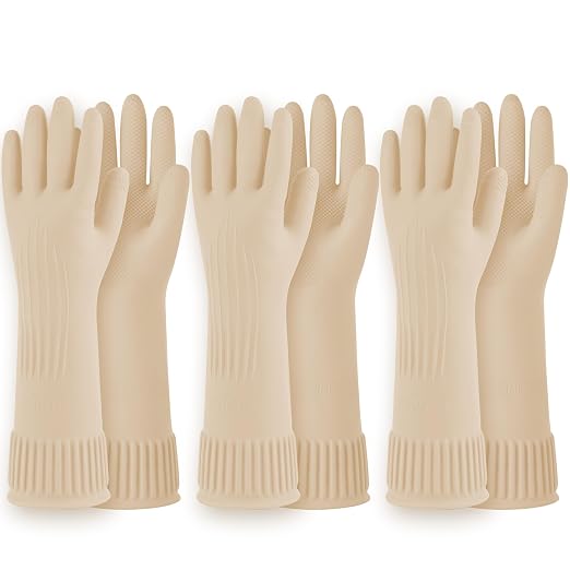 DABOGOSA Reusable Waterproof Household Dishwashing Cleaning Rubber Gloves, Non-Slip Kitchen Glove (Ivory, Medium (Pack of 3))