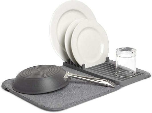 Umbra Udry Dish Rack and Microfiber Drying Mat – Space-Saving Design Folds Up for Easy Storage, Mini Rack, Gray