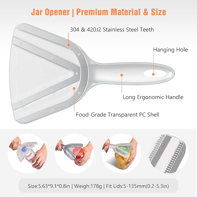 Uinxan Jar Opener for Weak Hands & Seniors with Arthritis - Handheld Manual | Effortlessly Opens Stubborn Screw Lids & Bottle Caps. 304 Stainless Steel. Durable. Patented Kitchen Gadget (Transparent)