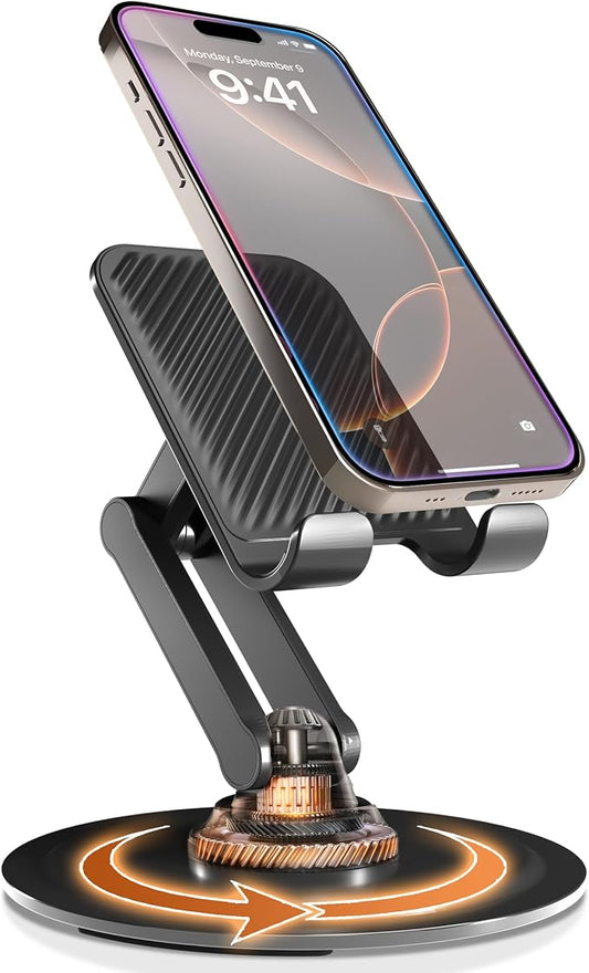 COOPER 360° Stand, Rotating Cell Phone Stand for Desk | Sturdy Metal Base, Foldable, Portable | Cell Phone Holder for Desk (Piano Black)