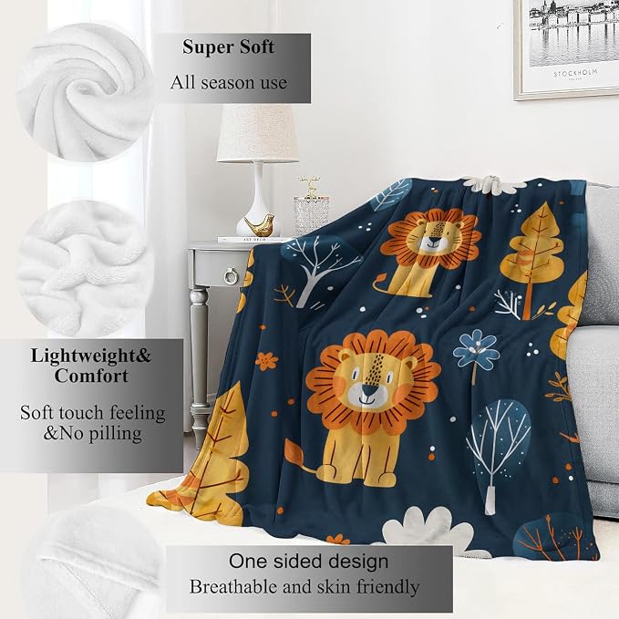 Lion Blanket Cute Cartoon Jungle Tree Throw Blankets,Birthday Gifts for Kids Adult & Animal Lovers,Lightweight Soft Fleece,for Sofa Couch Bed Room Rustic Safari-Themed Decor 60x80in