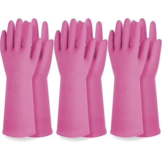 DABOGOSA Reusable Waterproof Household Dishwashing Cleaning Rubber Gloves, Non-Slip Kitchen Glove (Pink, Small (Pack of 3))