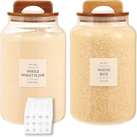 2 Pack Large Glass Flour and Sugar Containers with 132 Pantry Labels - 1 Gallon Glass Canisters with Bamboo Airtight Lids - Farmhouse Glass Cookie Jars for Rice, Pasta, Cereal, Bath Salt