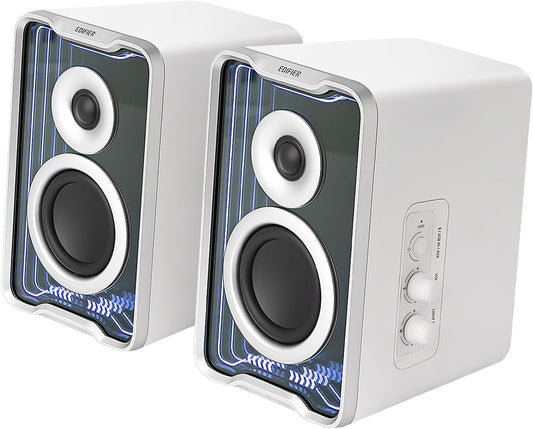Edifier QR30 2.0 Desktop Active Speaker, Compact Bluetooth V5.4 Computer Speakers, Wireless Bookshelf Speaker, 30W (RMS), 3.5mm AUX & USB-A Wired Input, Dynamic Light Effects, App Control, White