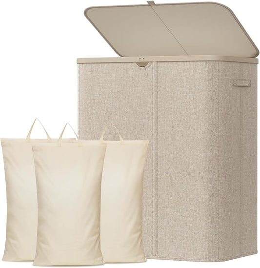 Lifewit 185L 3 Section Laundry Hamper with Lid, Large Laundry Basket with Handles and Removable Bags, Tall Clothes Hamper, Foldable Laundry Sorter for Bedroom Bathroom, Beige
